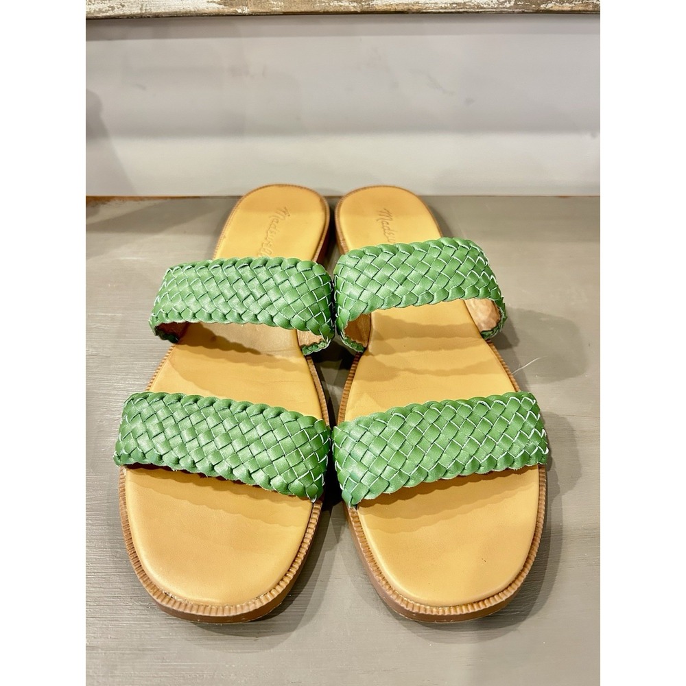 MADEWELL Green Teagan Woven‎ Leather Slide Sandal Flats Size 10.5